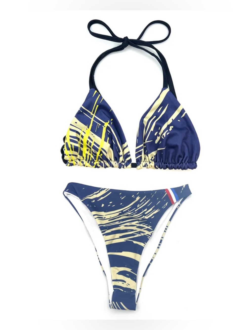 NWOT Tracy Anderson Navy & Yellow Abstract Print Triangle Bikini Set size 6